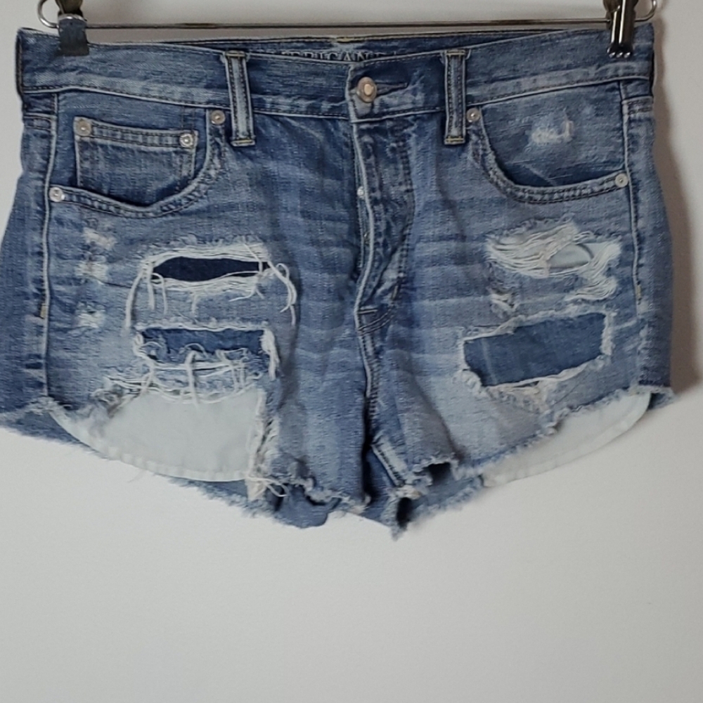 American Eagle Button Fly Blue Distressed Jean Shorts Size 8